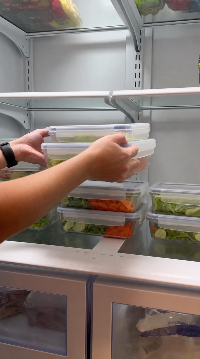 Prepped meal boxes going into a fridge