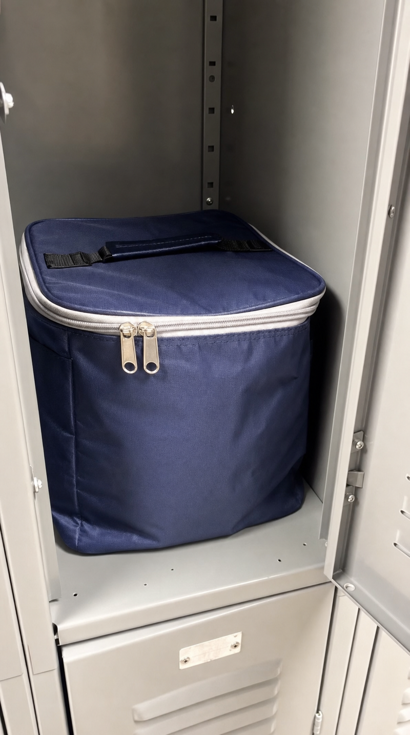 A packed lunch bag still in a staff locker