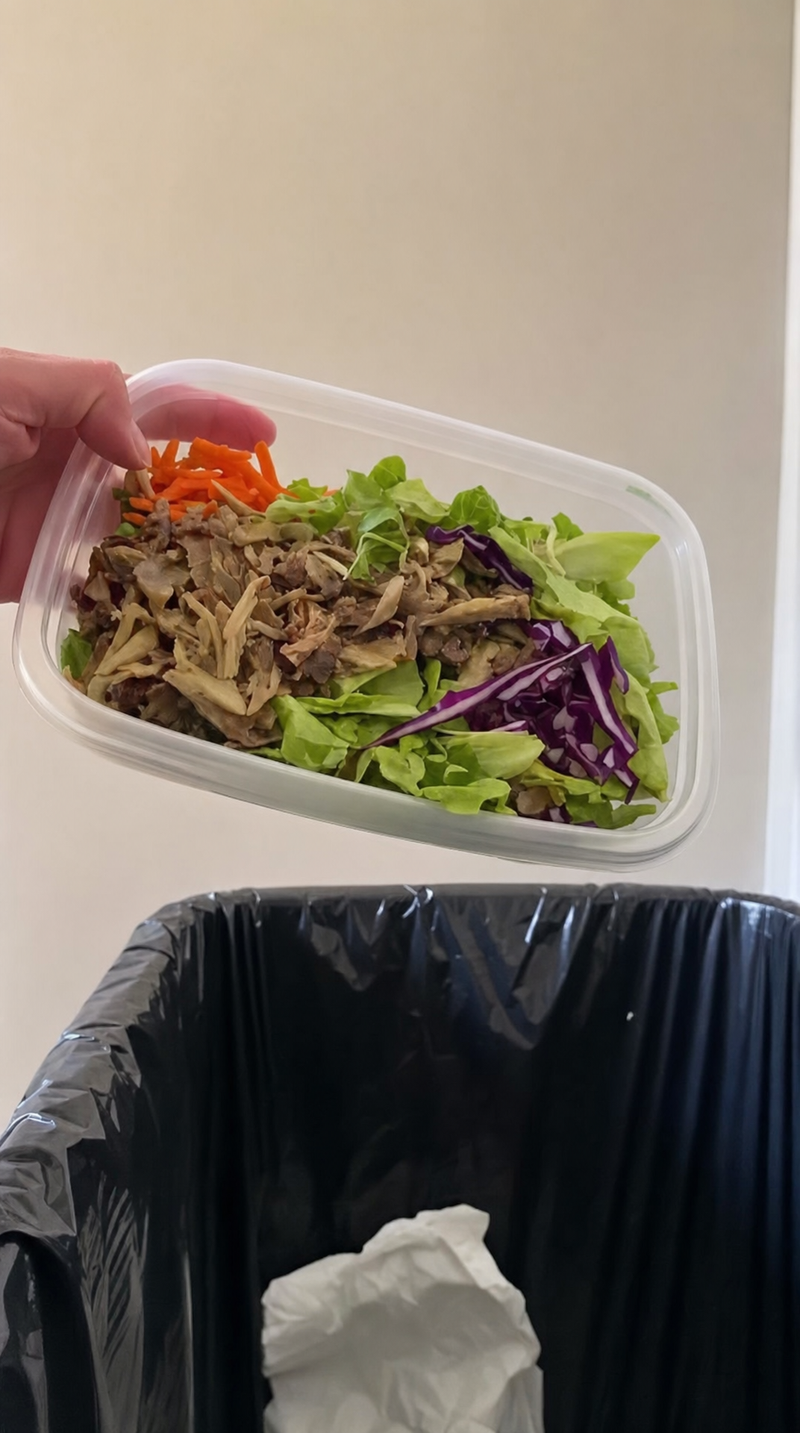 A packed salad held over a trash can