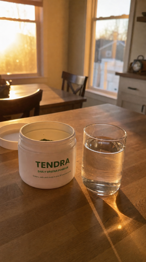 Tendra tub and a glass of water in 6pm light