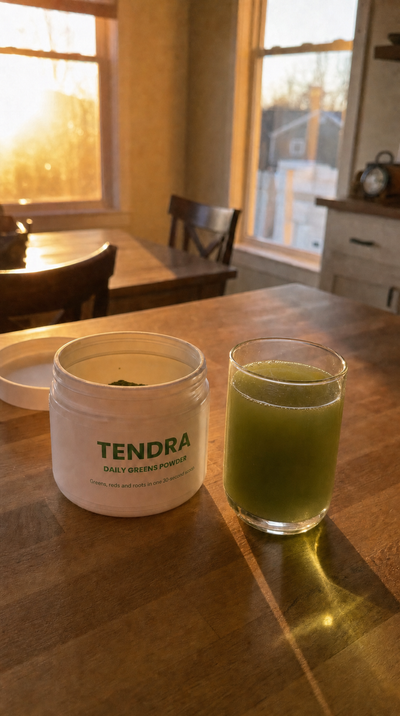 Tendra and a glass of mixed green drink, ready before a shift