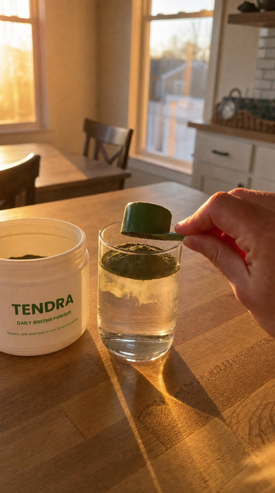 A scoop of Tendra going into cold water