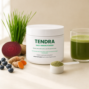 Tendra tub with a scoop of powder, a green drink and fresh ingredients