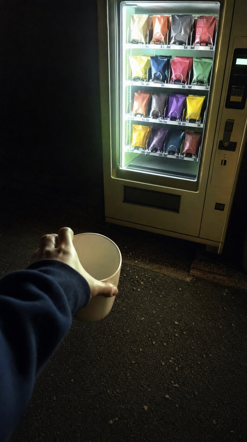 A glowing vending machine at night